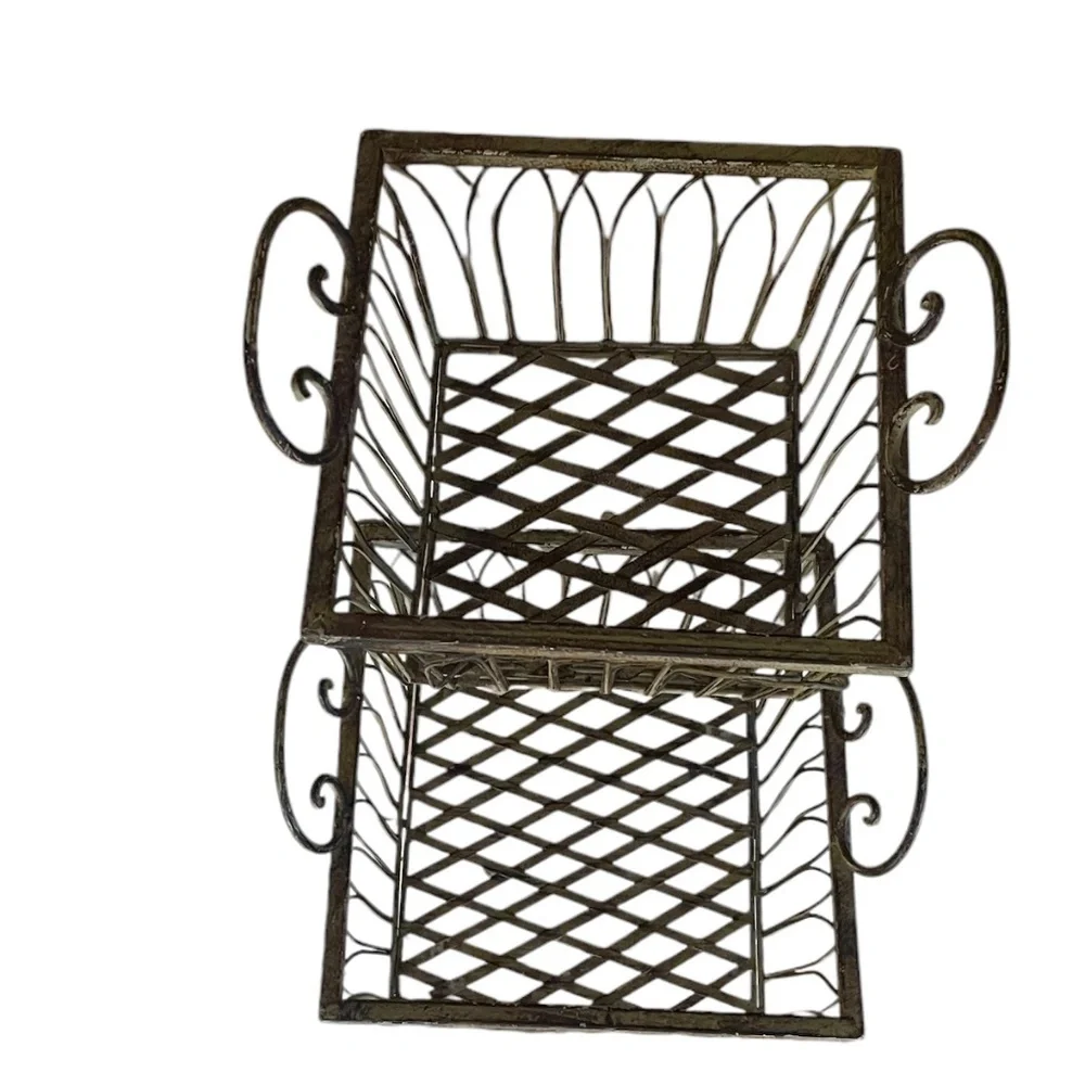 Vintage Wrought Iron Square‎ Ornate Handles Basket Sage Green, Set Of 2